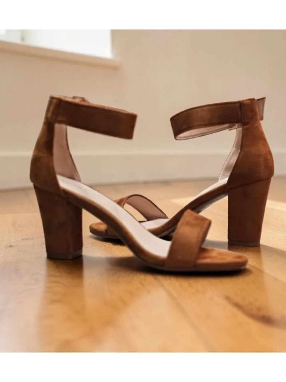 Tan Faux Suede Block Heel Sandals With Adjustable Ankle Strap Open Toe Design Wo - Picture 5 of 14